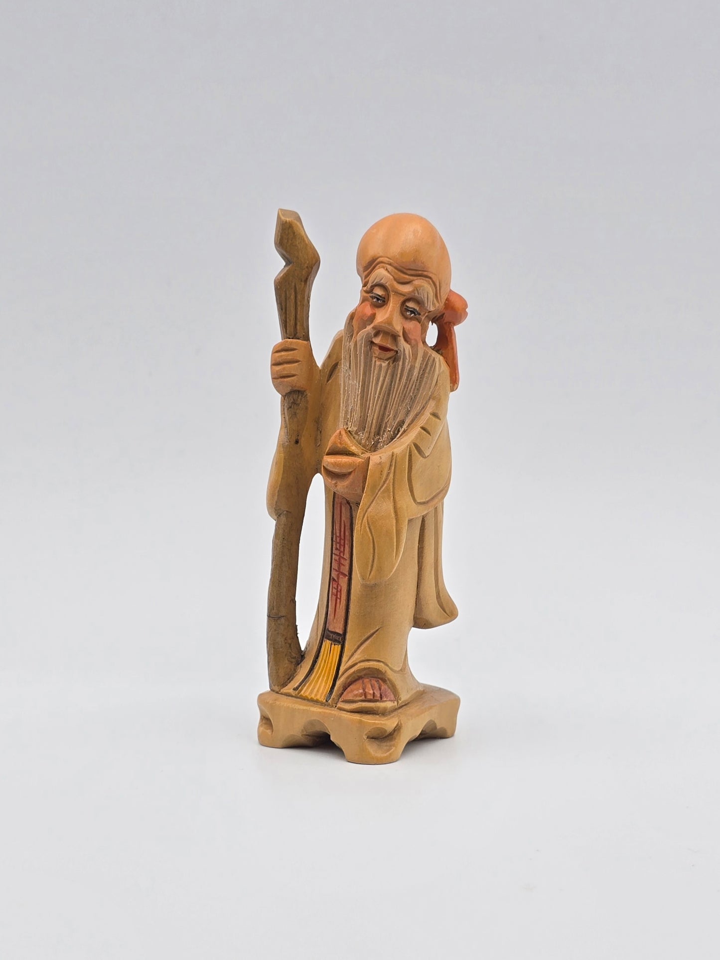 Vintage & Handmade Wise Man Chinese Wood Carving Statue / Art Wood Figurine 4"