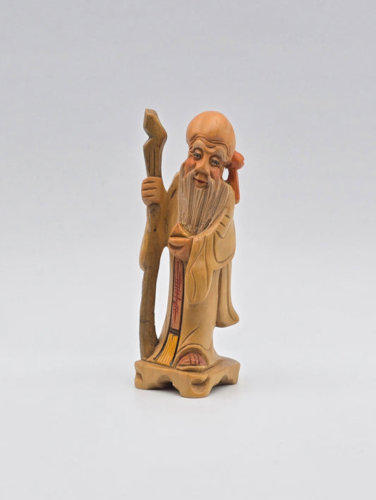 Vintage & Handmade Wise Man Chinese Wood Carving Statue / Art Wood Figurine 4"
