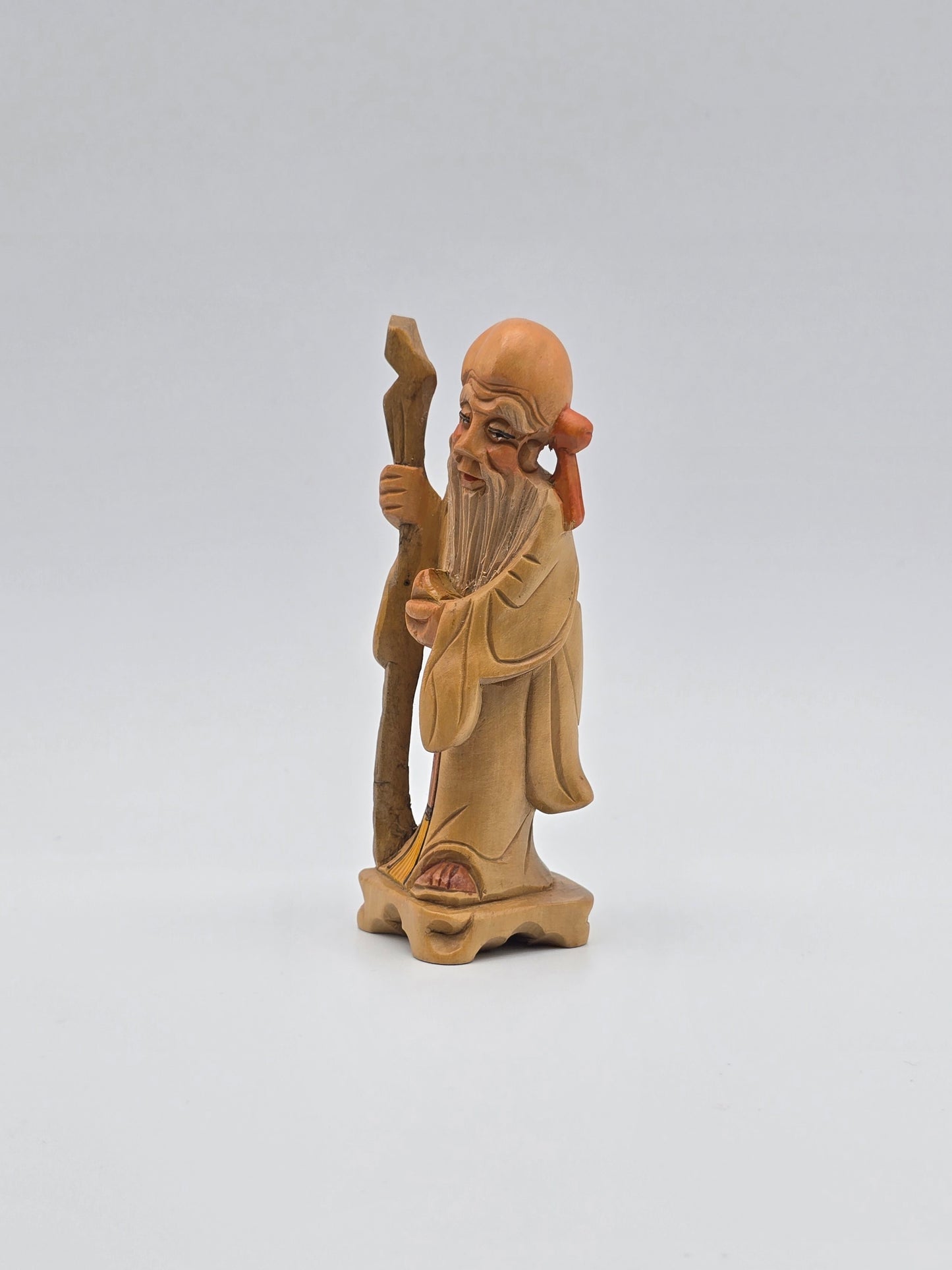 Vintage & Handmade Wise Man Chinese Wood Carving Statue / Art Wood Figurine 4"