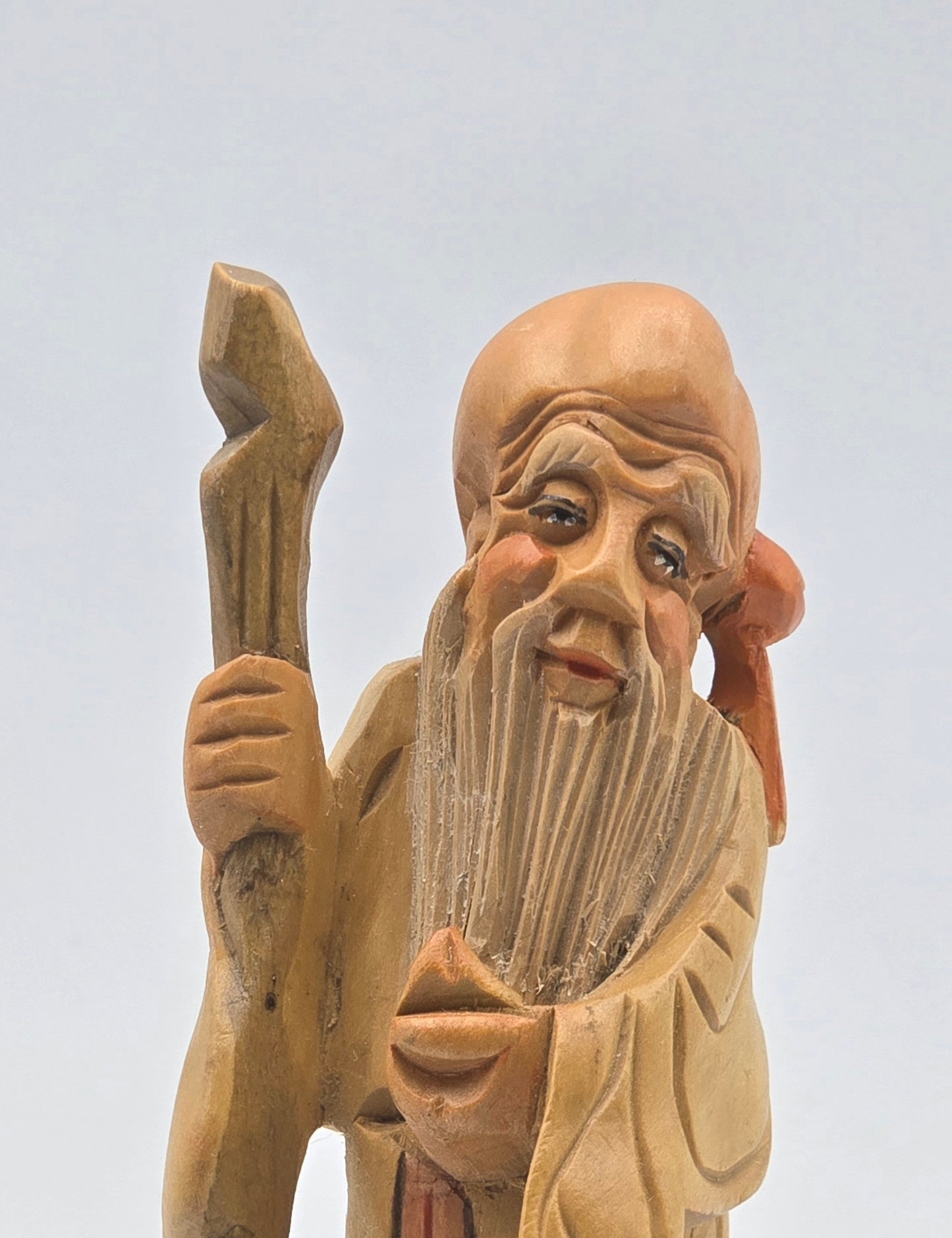 Vintage & Handmade Wise Man Chinese Wood Carving Statue / Art Wood Figurine 4"
