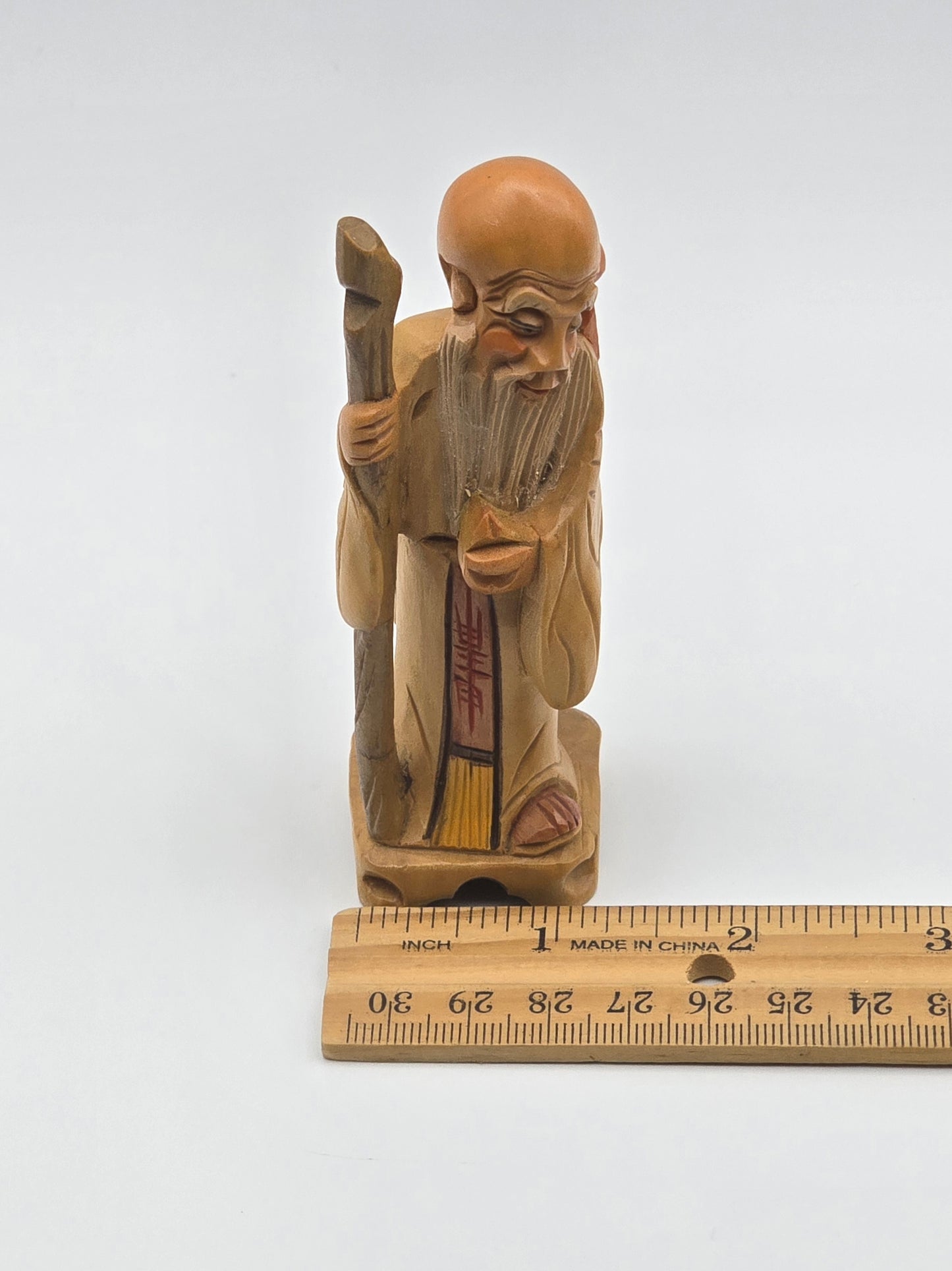 Vintage & Handmade Wise Man Chinese Wood Carving Statue / Art Wood Figurine 4"