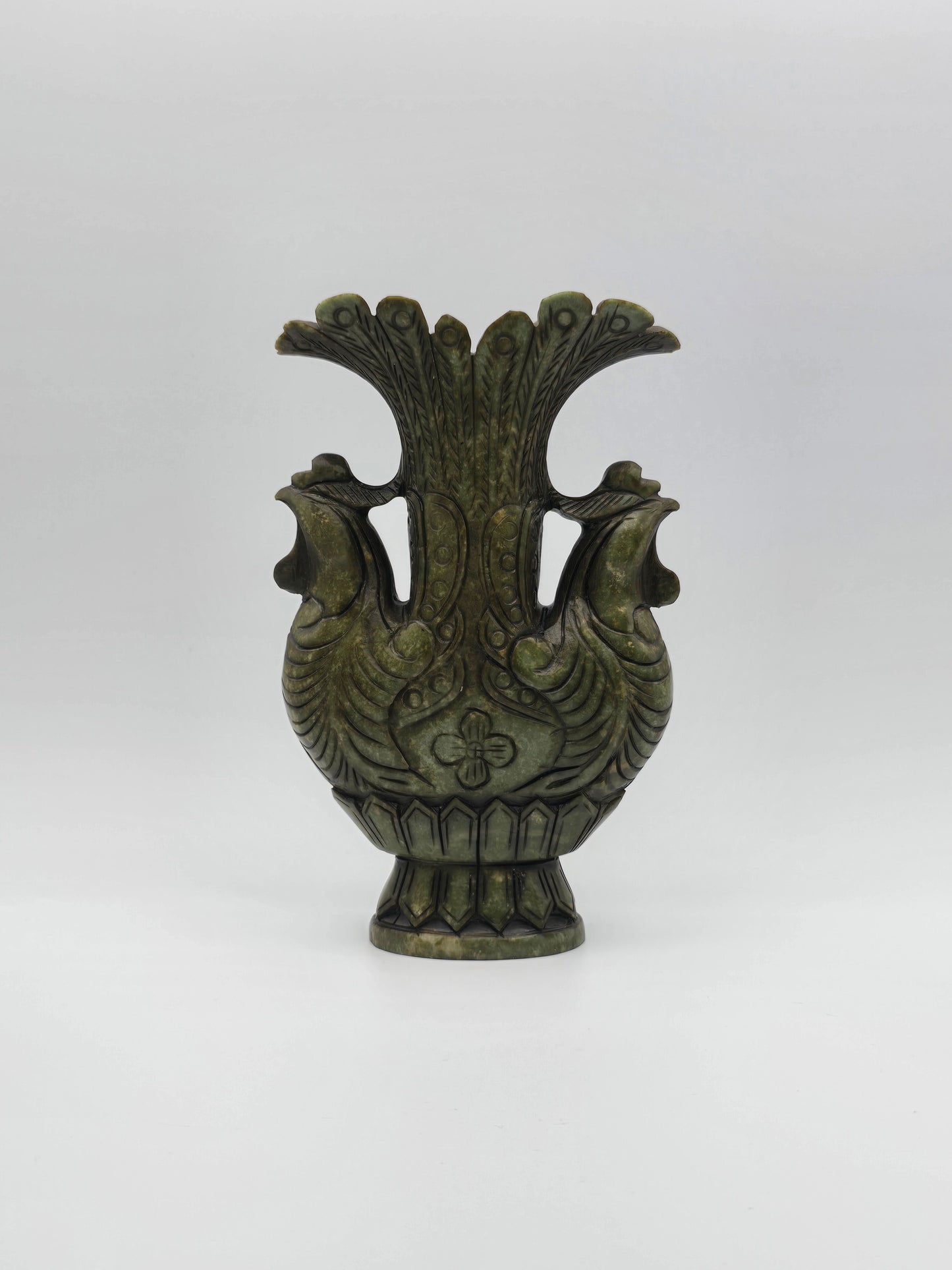 Antique Green Stone Hand Carved Vase With Dynasty Double Phoenix Birds