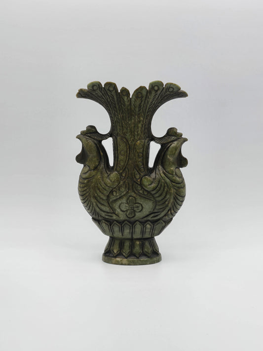 Antique Green Stone Hand Carved Vase With Dynasty Double Phoenix Birds