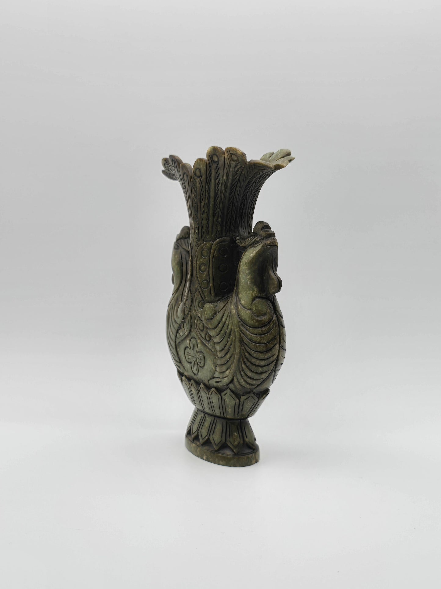 Antique Green Stone Hand Carved Vase With Dynasty Double Phoenix Birds