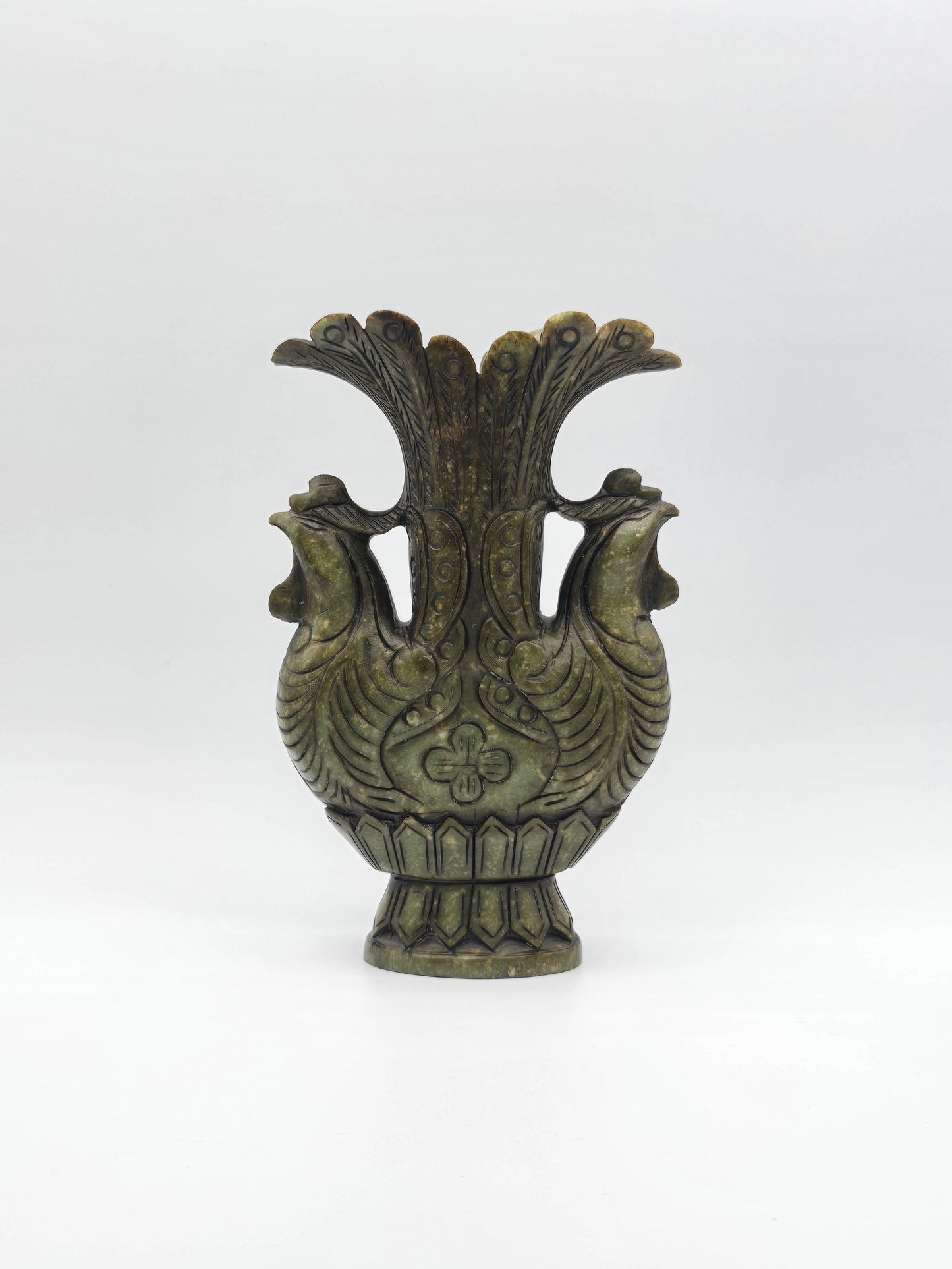 Antique Green Stone Hand Carved Vase With Dynasty Double Phoenix Birds