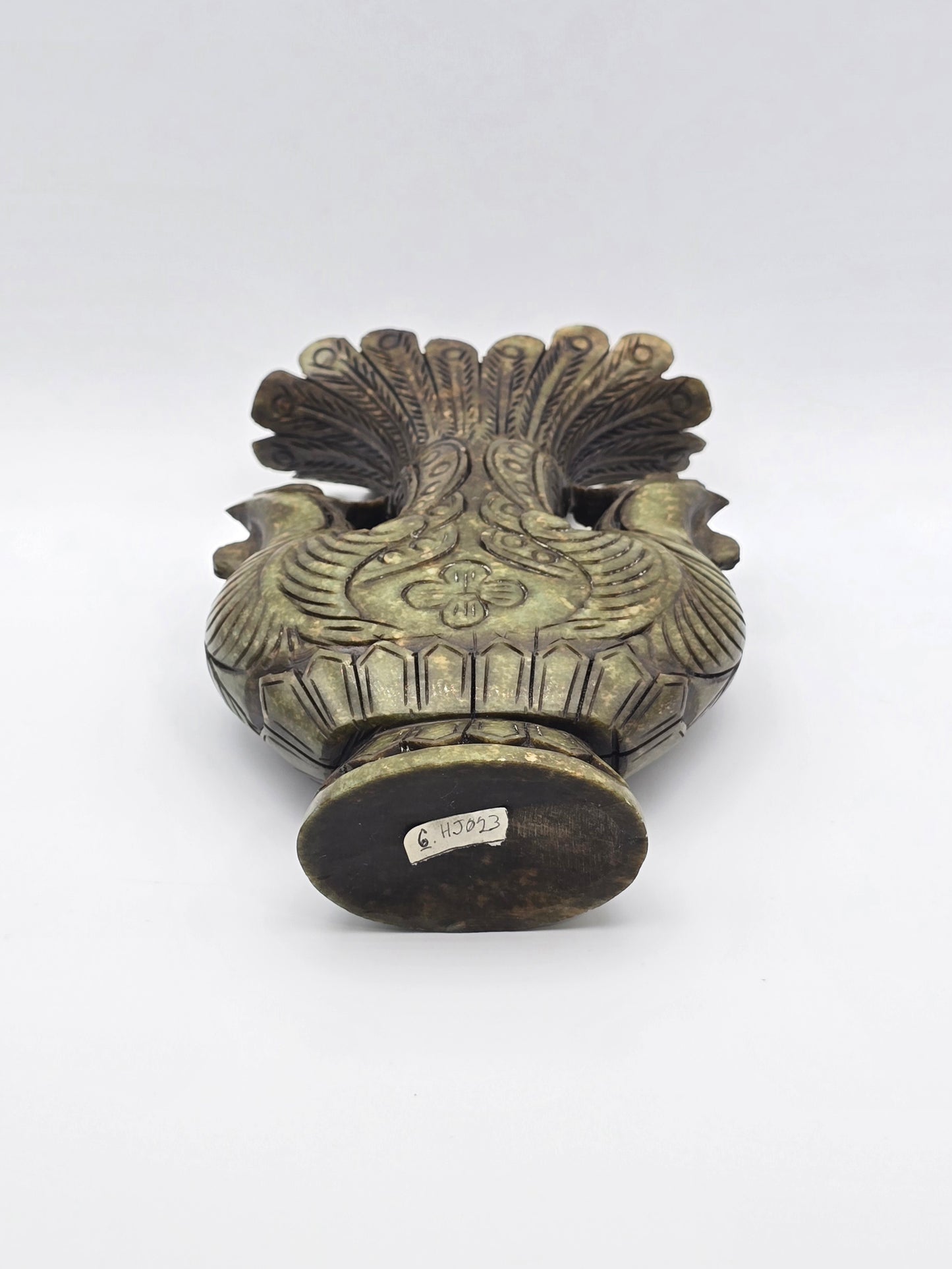 Antique Green Stone Hand Carved Vase With Dynasty Double Phoenix Birds