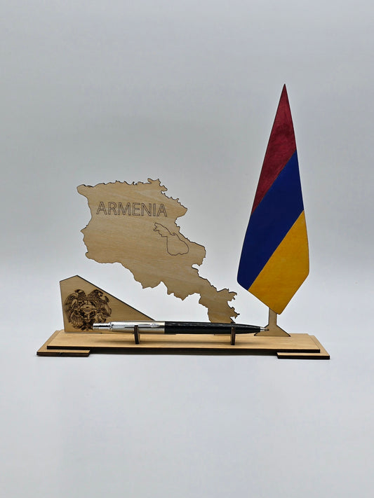 Armenia Desk Set – Wooden Map, Flag & Pen Holder with Engraved Coat of Arms