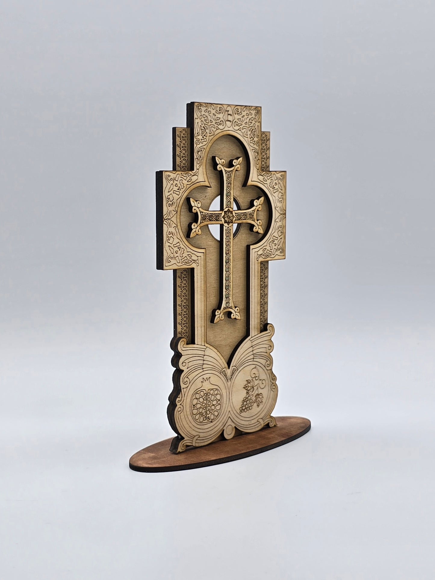 Handcrafted Armenian Wooden Khachkar Cross – Intricate Laser-Engraved Design