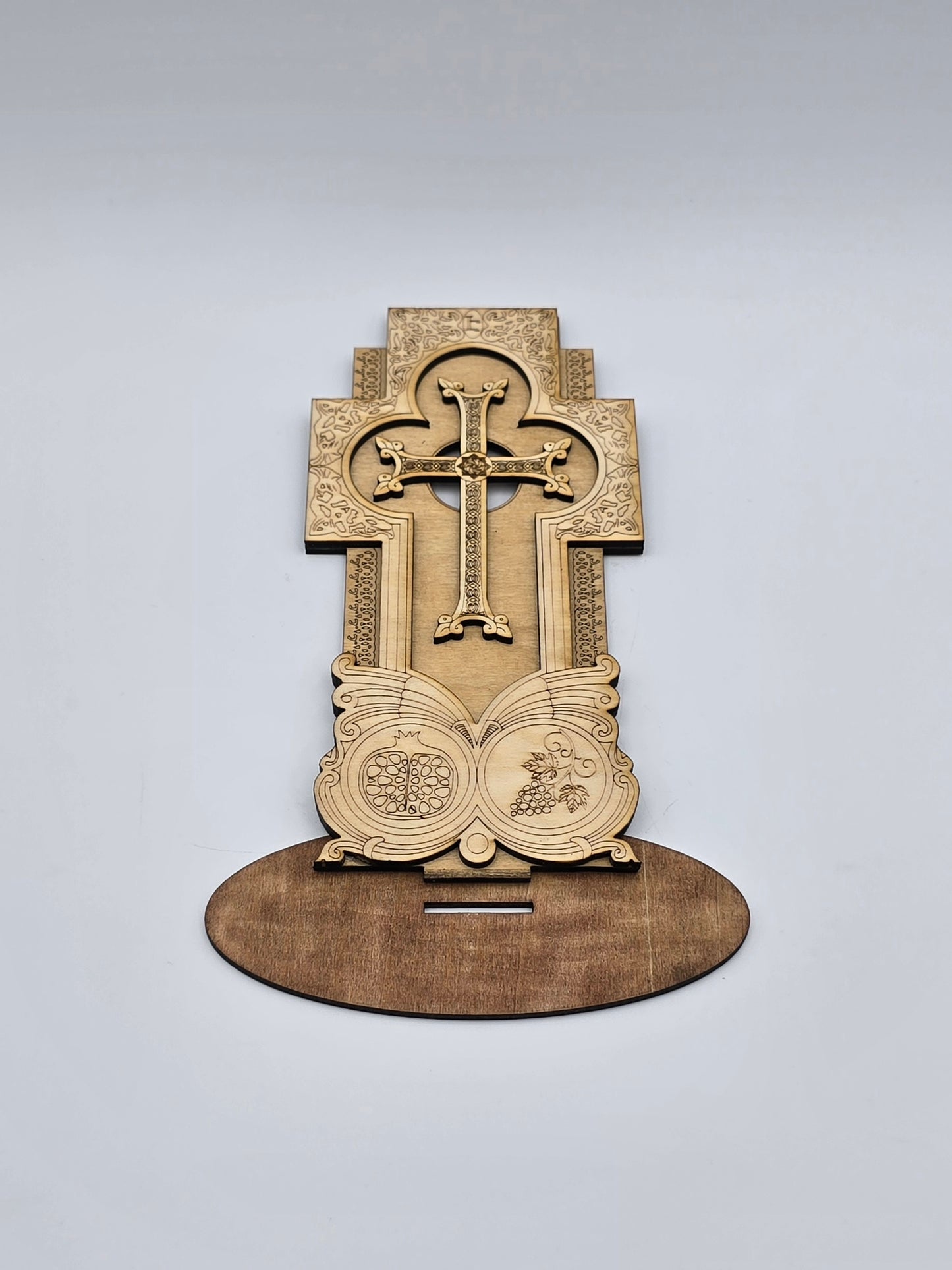 Handcrafted Armenian Wooden Khachkar Cross – Intricate Laser-Engraved Design