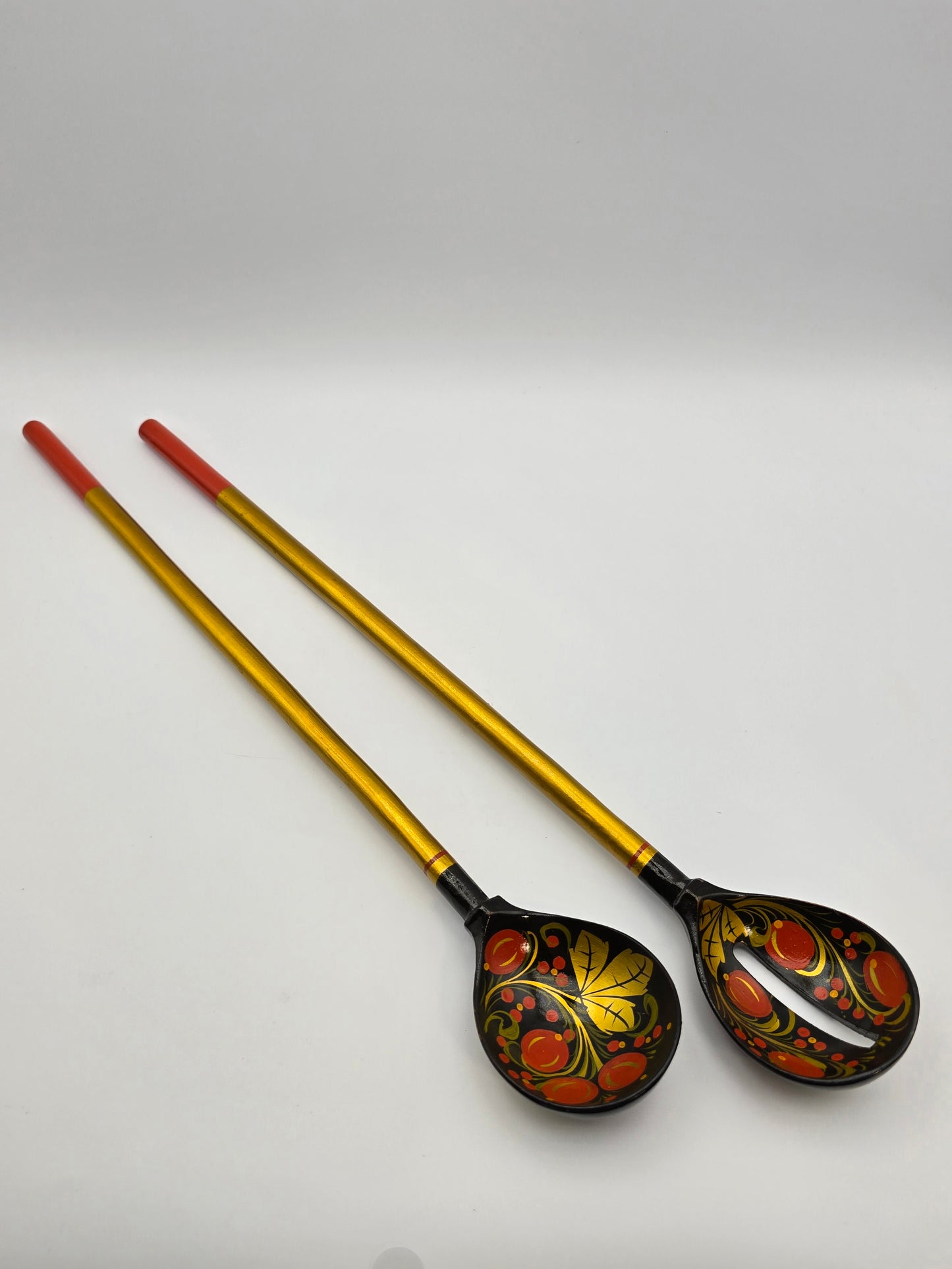 Set Of 2 Russian Folk Art Carved Painted Wood Floral Decor Spoons 1970's