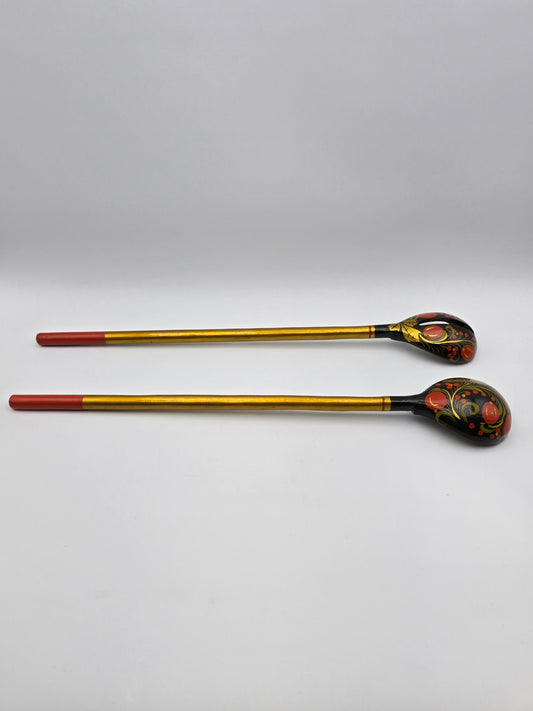 Set Of 2 Russian Folk Art Carved Painted Wood Floral Decor Spoons 1970's