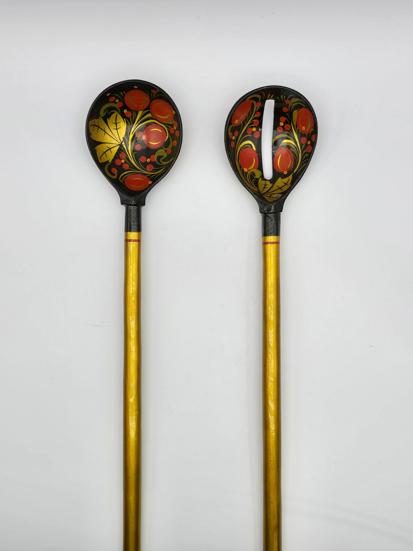 Set Of 2 Russian Folk Art Carved Painted Wood Floral Decor Spoons 1970's
