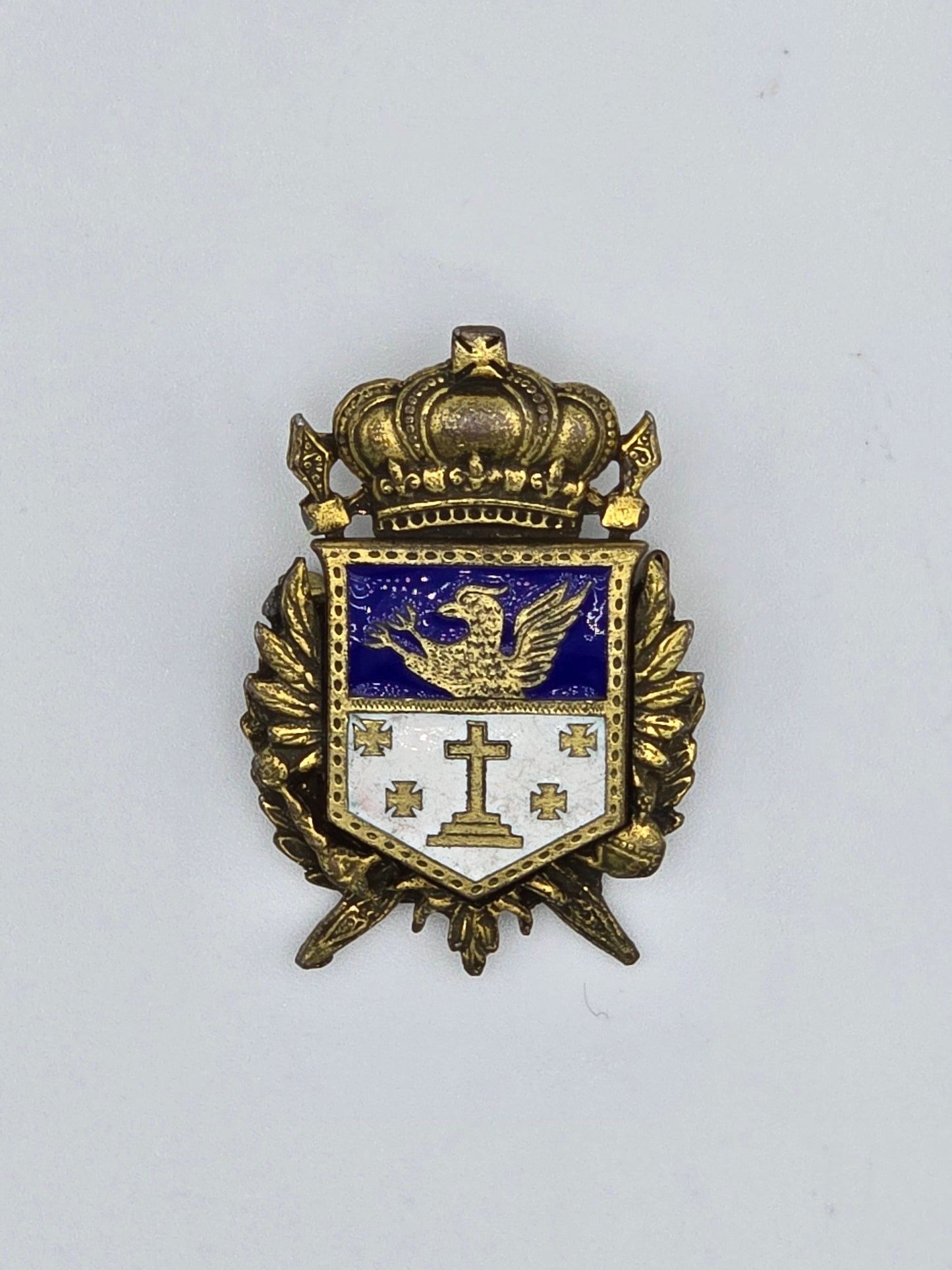 Vintage Brooch Pin Heraldic Griffin Christian Cross Maltese Crest Blue Enamel Brass