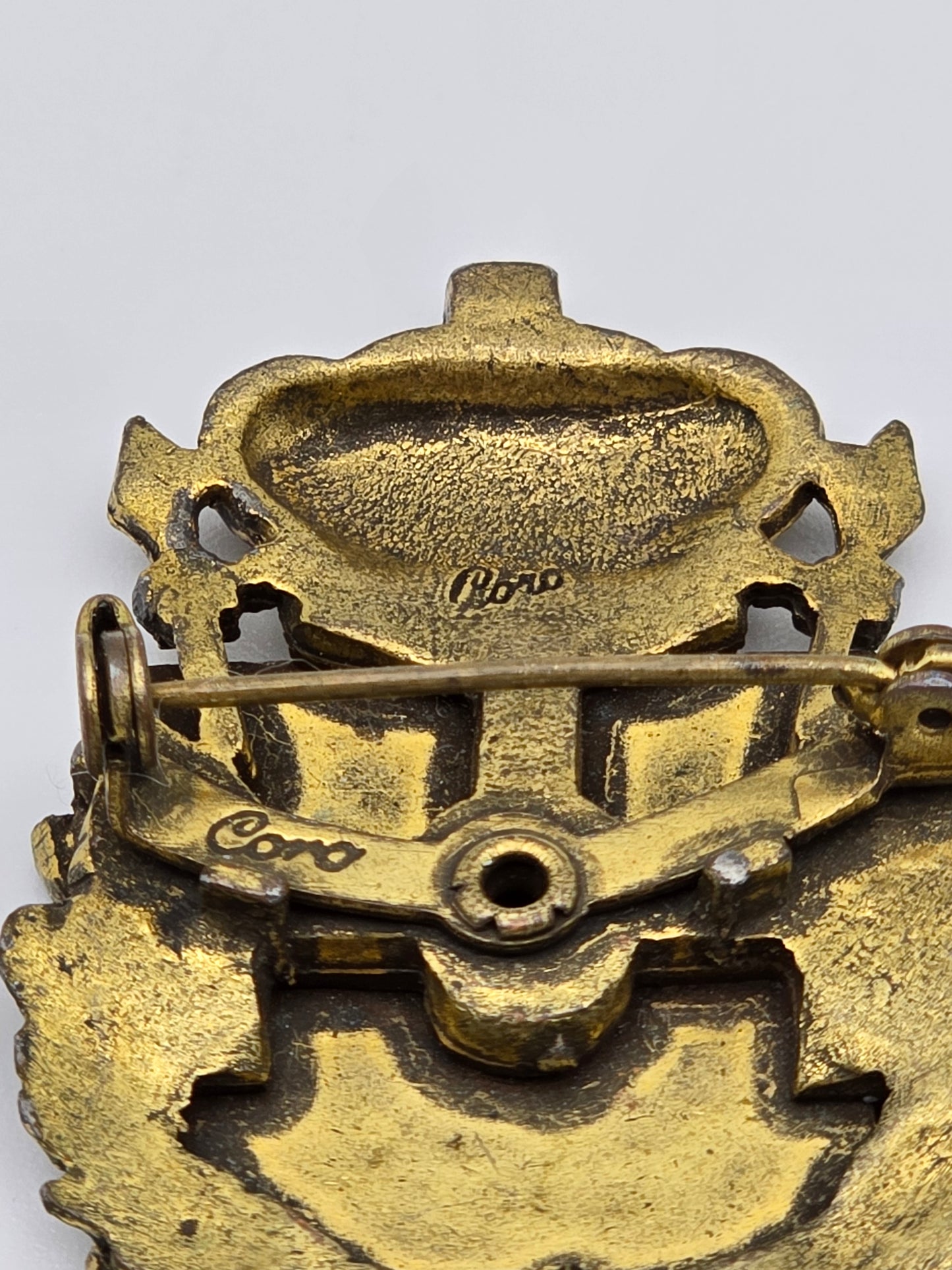 Vintage Brooch Pin Heraldic Griffin Christian Cross Maltese Crest Blue Enamel Brass