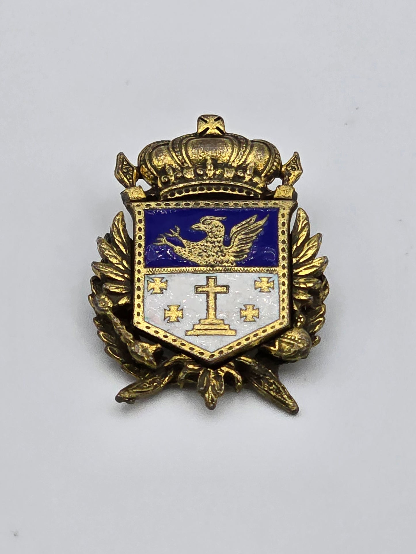 Vintage Brooch Pin Heraldic Griffin Christian Cross Maltese Crest Blue Enamel Brass