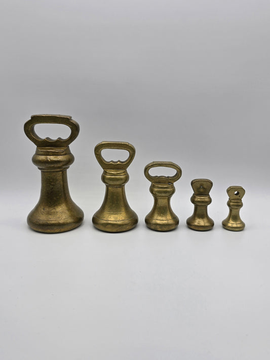 Set of 5 Antique GR Brass Bell Shaped Scale Weights: 4 lb, 2 lb, 1 lb, 8oz & 4oz