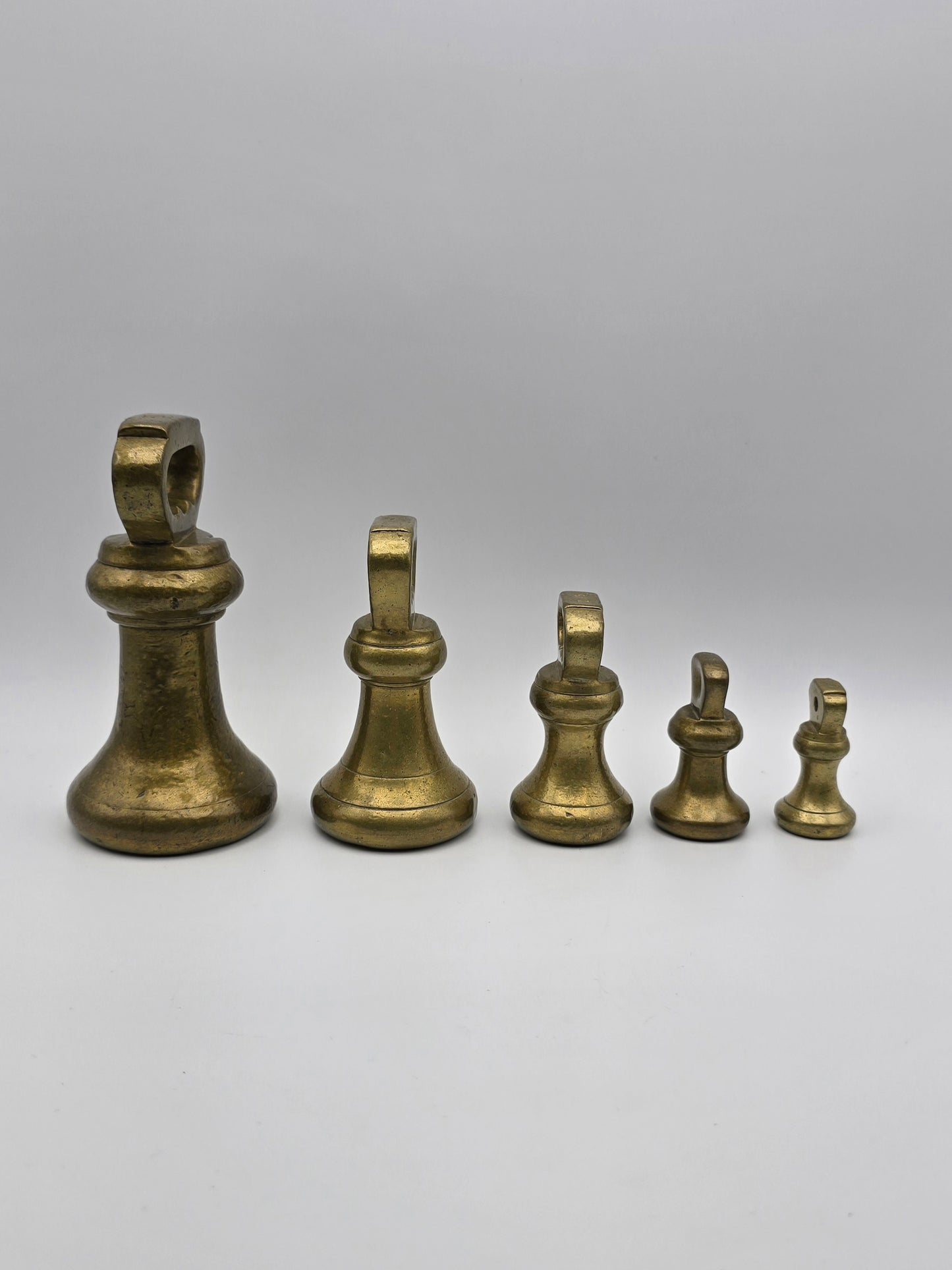 Set of 5 Antique GR Brass Bell Shaped Scale Weights: 4 lb, 2 lb, 1 lb, 8oz & 4oz