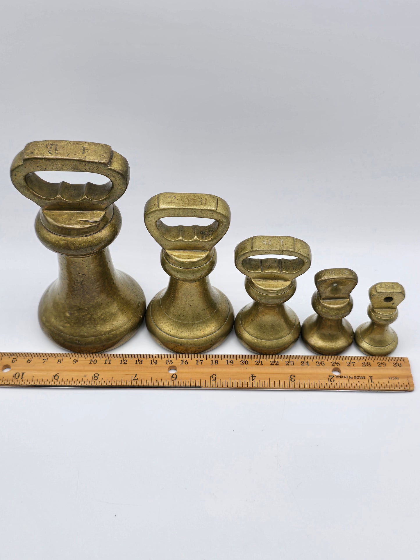 Set of 5 Antique GR Brass Bell Shaped Scale Weights: 4 lb, 2 lb, 1 lb, 8oz & 4oz