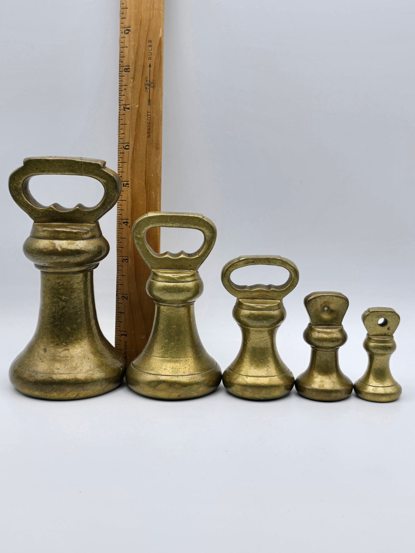 Set of 5 Antique GR Brass Bell Shaped Scale Weights: 4 lb, 2 lb, 1 lb, 8oz & 4oz