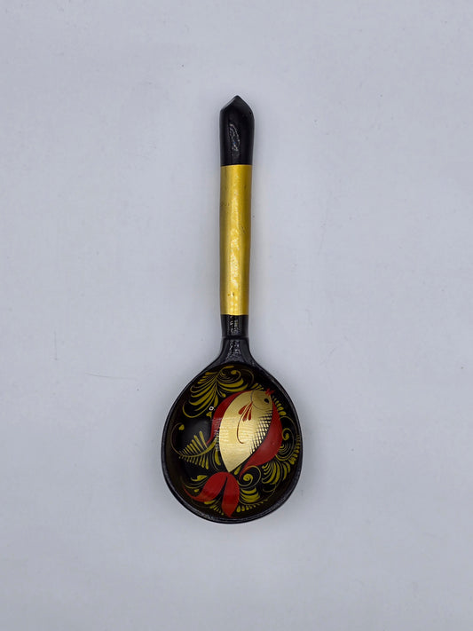 Vintage Russian Khokhloma Craft Painted Laquered Wood Ladle Spoon 7.3" Folk Art Fish Design