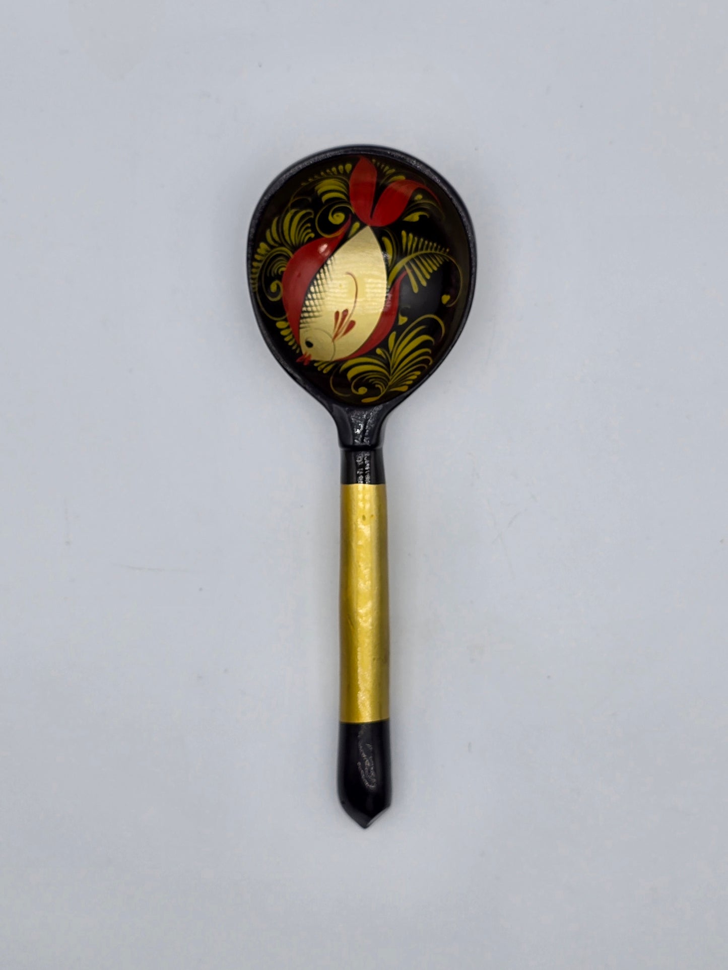 Vintage Russian Khokhloma Craft Painted Laquered Wood Ladle Spoon 7.3" Folk Art Fish Design