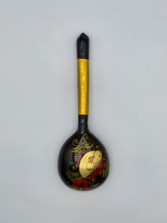 Vintage Russian Khokhloma Craft Painted Laquered Wood Ladle Spoon 7.3" Folk Art Fish Design