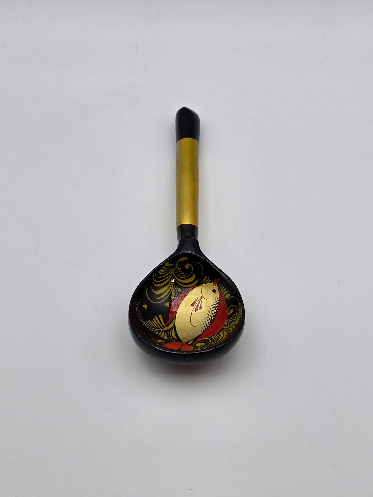 Vintage Russian Khokhloma Craft Painted Laquered Wood Ladle Spoon 7.3" Folk Art Fish Design