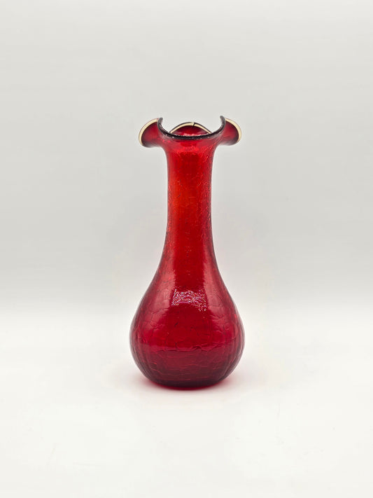 Vintage Ruby Red Rainbow Crackle Glass Vase 7.25” Ruffle Top