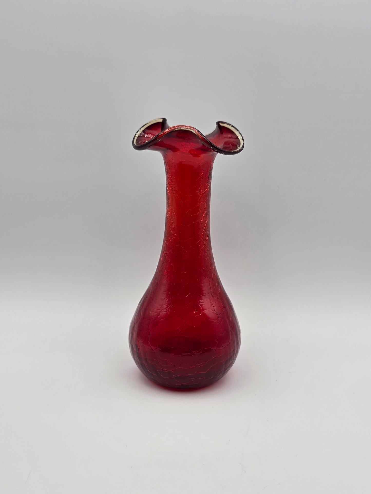 Vintage Ruby Red Rainbow Crackle Glass Vase 7.25” Ruffle Top