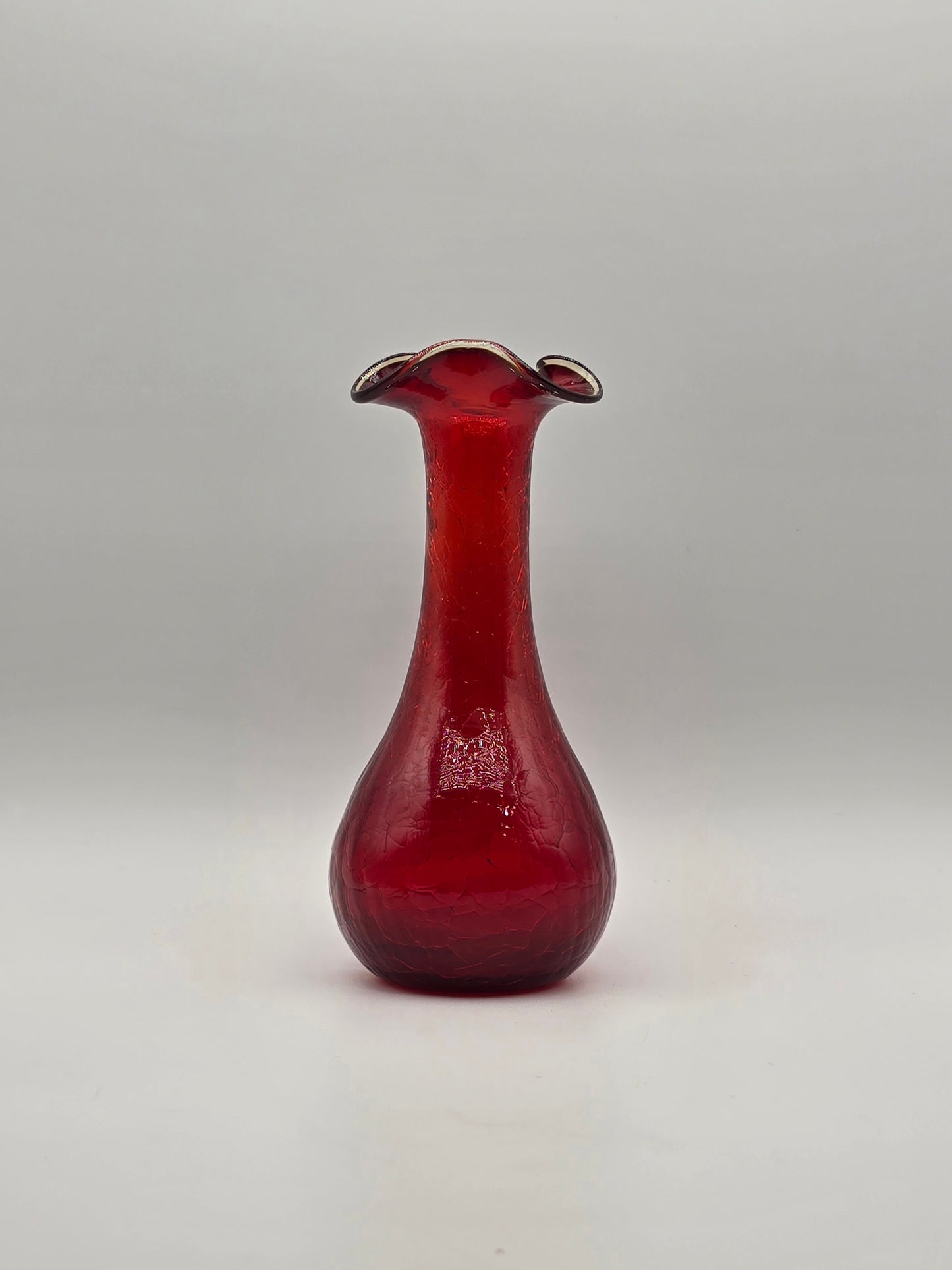 Vintage Ruby Red Rainbow Crackle Glass Vase 7.25” Ruffle Top