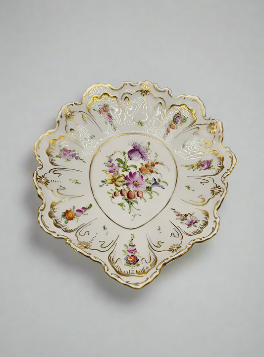 Antique Marked Dresden Hand Painted Oval Plate, Gold Trim & Floral Bouquets