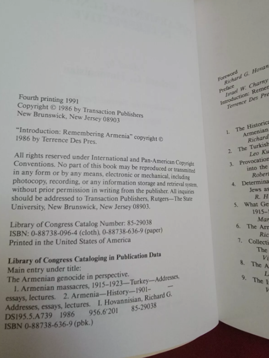 The ARMENIAN Genocide In Perspective. Edited By Richard G. Hovannisian. 4th 1991