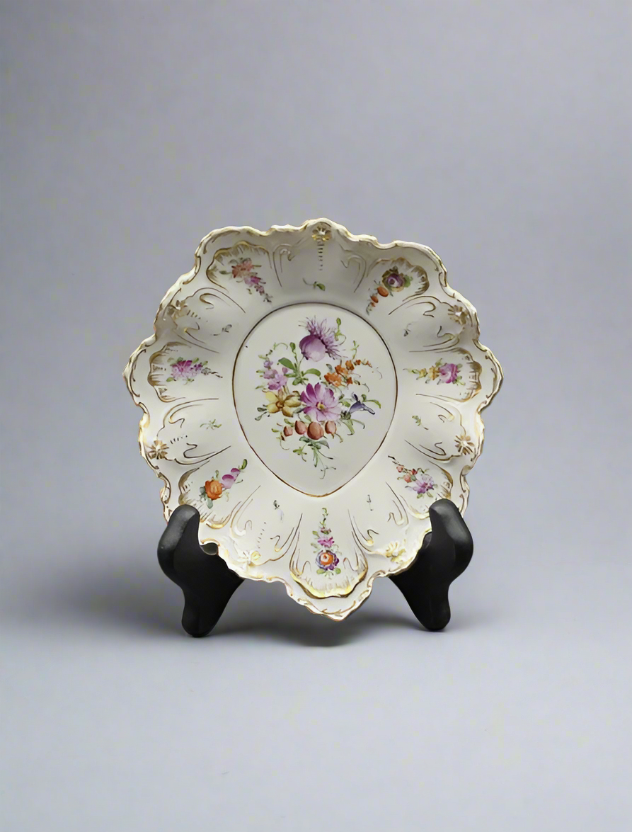 Antique Marked Dresden Hand Painted Oval Plate, Gold Trim & Floral Bouquets