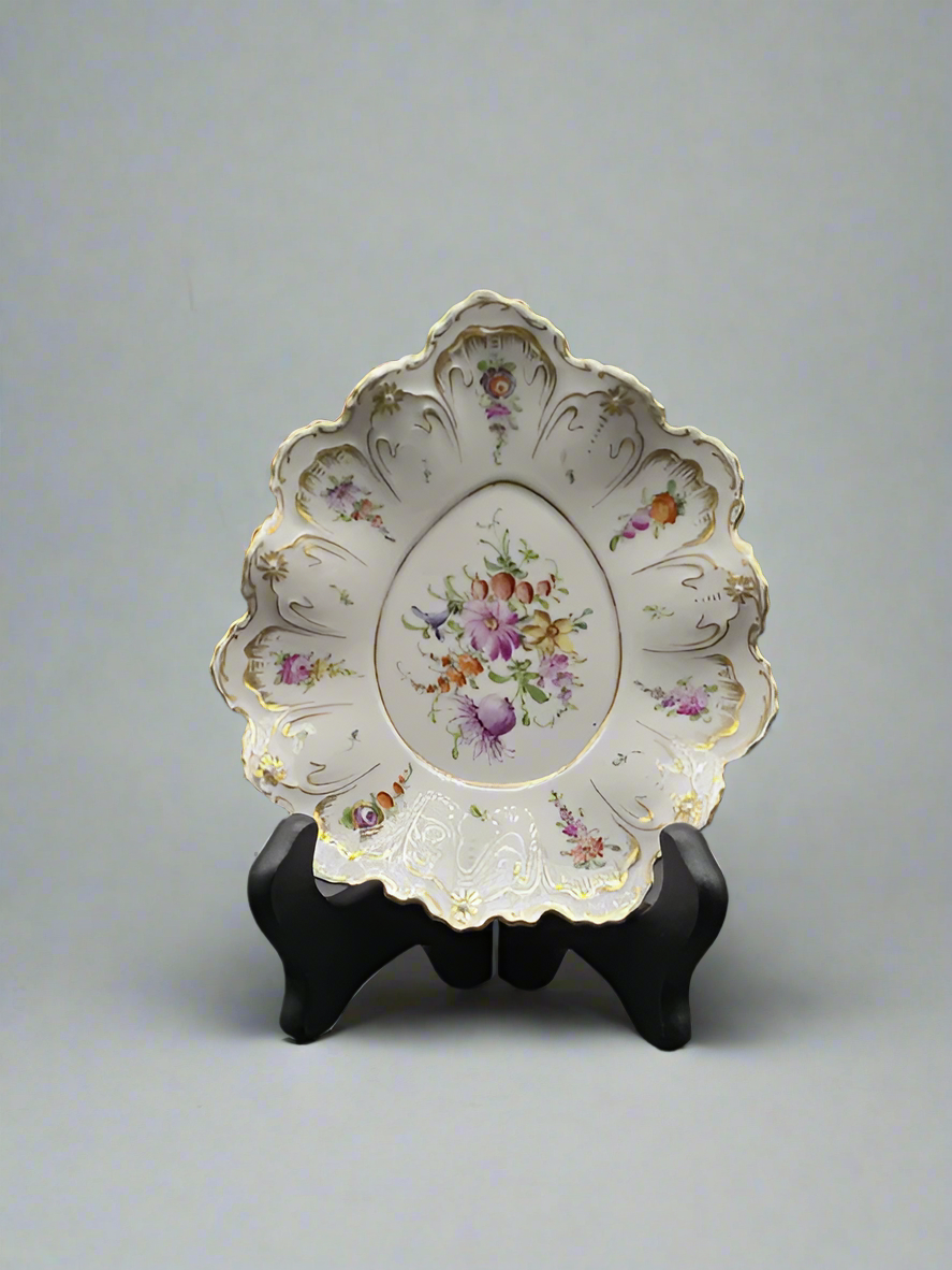 Antique Marked Dresden Hand Painted Oval Plate, Gold Trim & Floral Bouquets