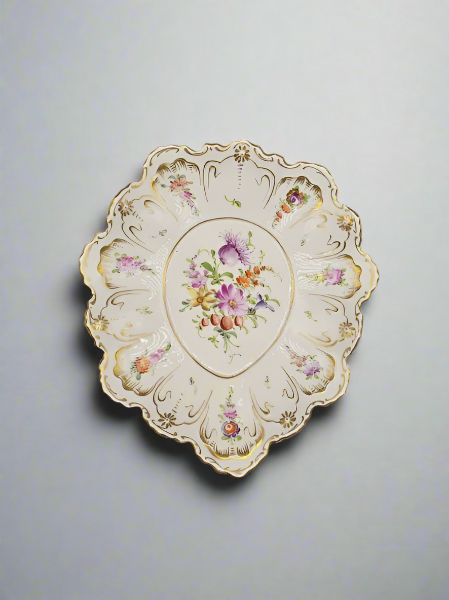 Antique Marked Dresden Hand Painted Oval Plate, Gold Trim & Floral Bouquets