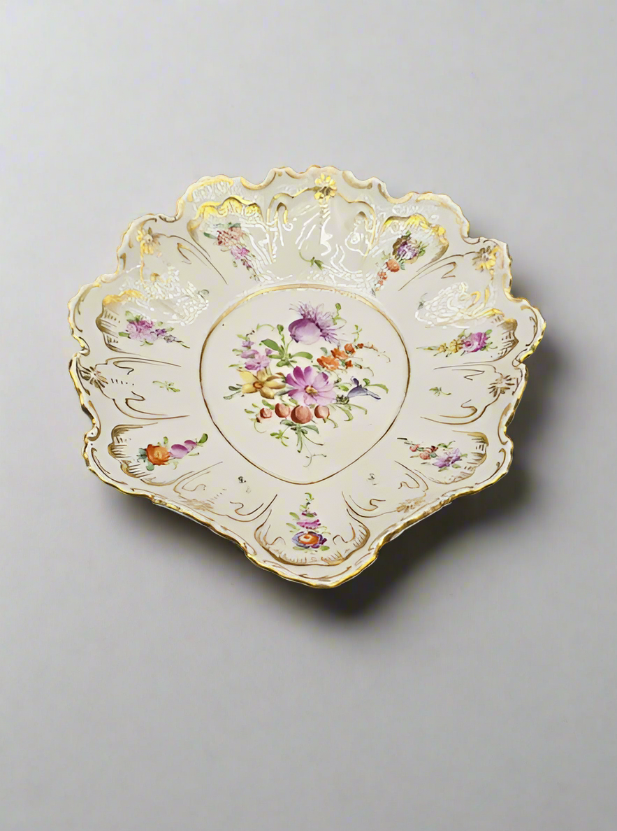 Antique Marked Dresden Hand Painted Oval Plate, Gold Trim & Floral Bouquets
