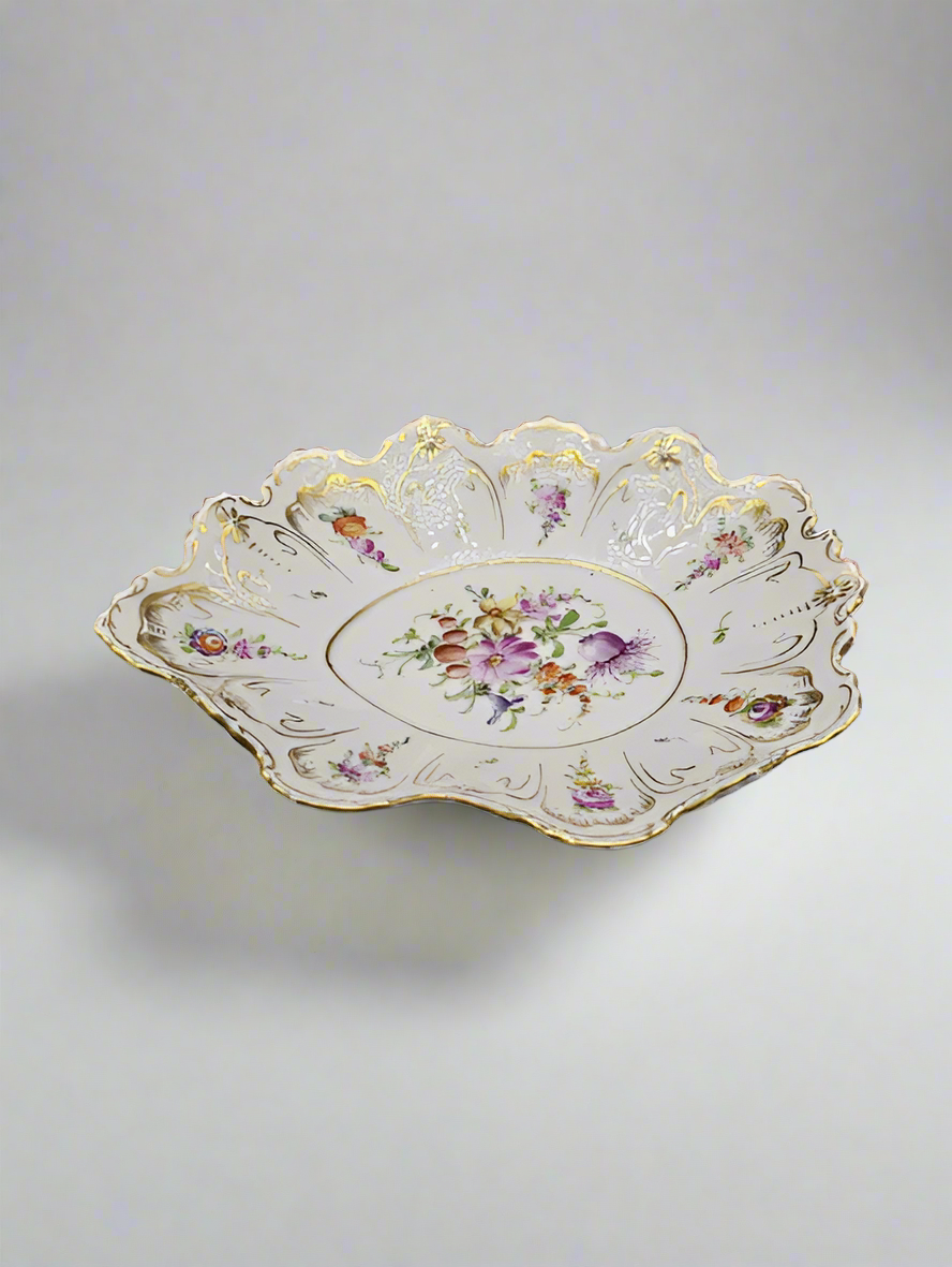 Antique Marked Dresden Hand Painted Oval Plate, Gold Trim & Floral Bouquets