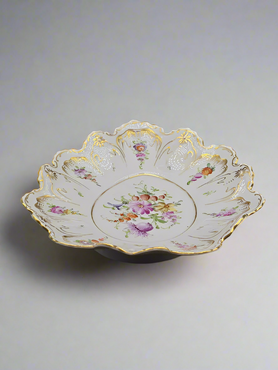 Antique Marked Dresden Hand Painted Oval Plate, Gold Trim & Floral Bouquets