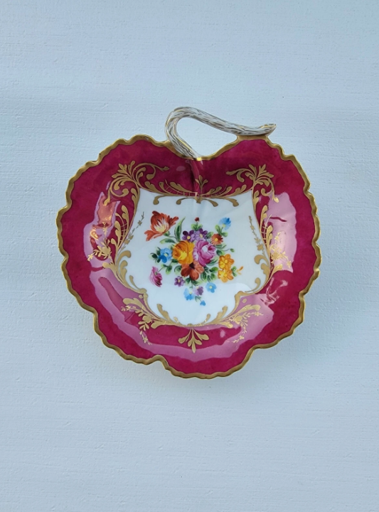 Vintage Le Tallec Limoges Hand Painted Porcelain Red Bowl with Flowers & Gold Trim