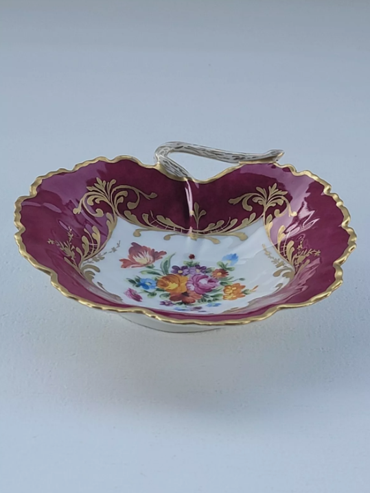 Vintage Le Tallec Limoges Hand Painted Porcelain Red Bowl with Flowers & Gold Trim