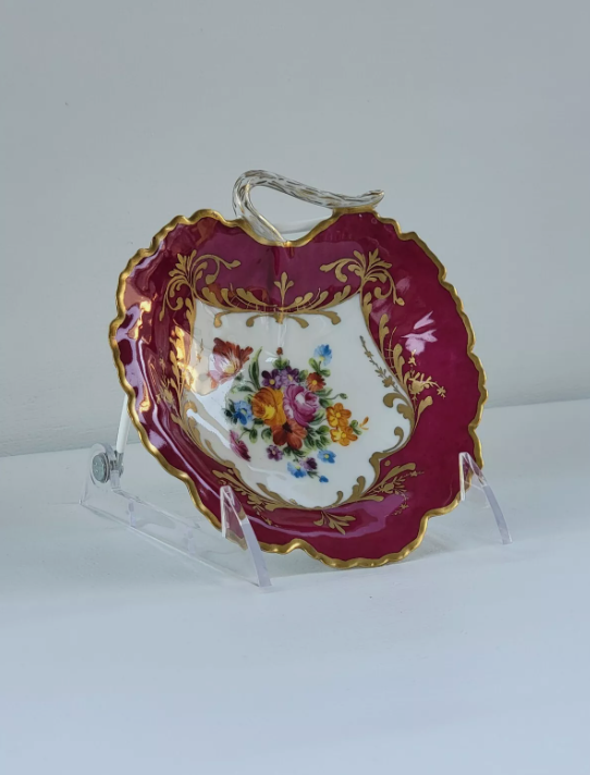 Vintage Le Tallec Limoges Hand Painted Porcelain Red Bowl with Flowers & Gold Trim