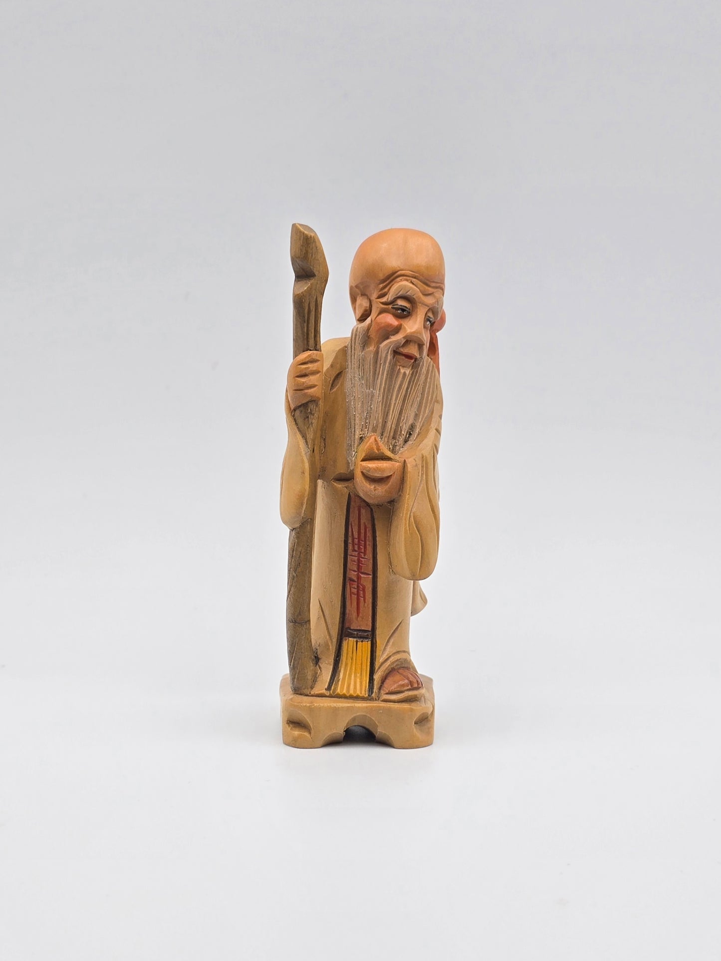 Vintage & Handmade Wise Man Chinese Wood Carving Statue / Art Wood Figurine 4"