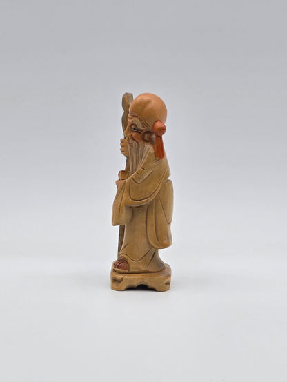 Vintage & Handmade Wise Man Chinese Wood Carving Statue / Art Wood Figurine 4"