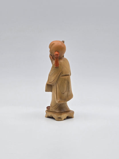 Vintage & Handmade Wise Man Chinese Wood Carving Statue / Art Wood Figurine 4"