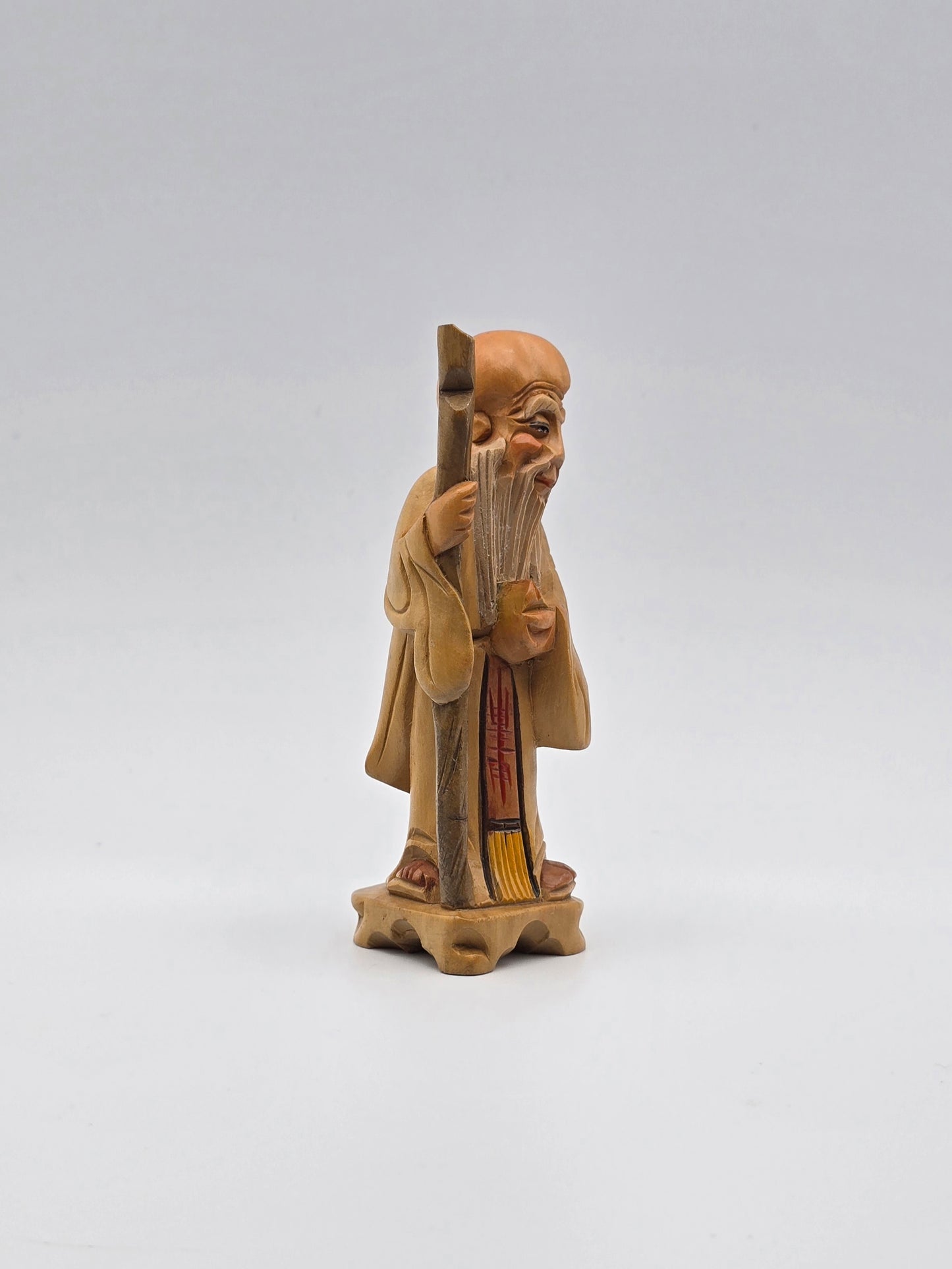 Vintage & Handmade Wise Man Chinese Wood Carving Statue / Art Wood Figurine 4"