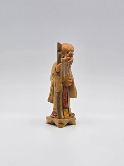 Vintage & Handmade Wise Man Chinese Wood Carving Statue / Art Wood Figurine 4"