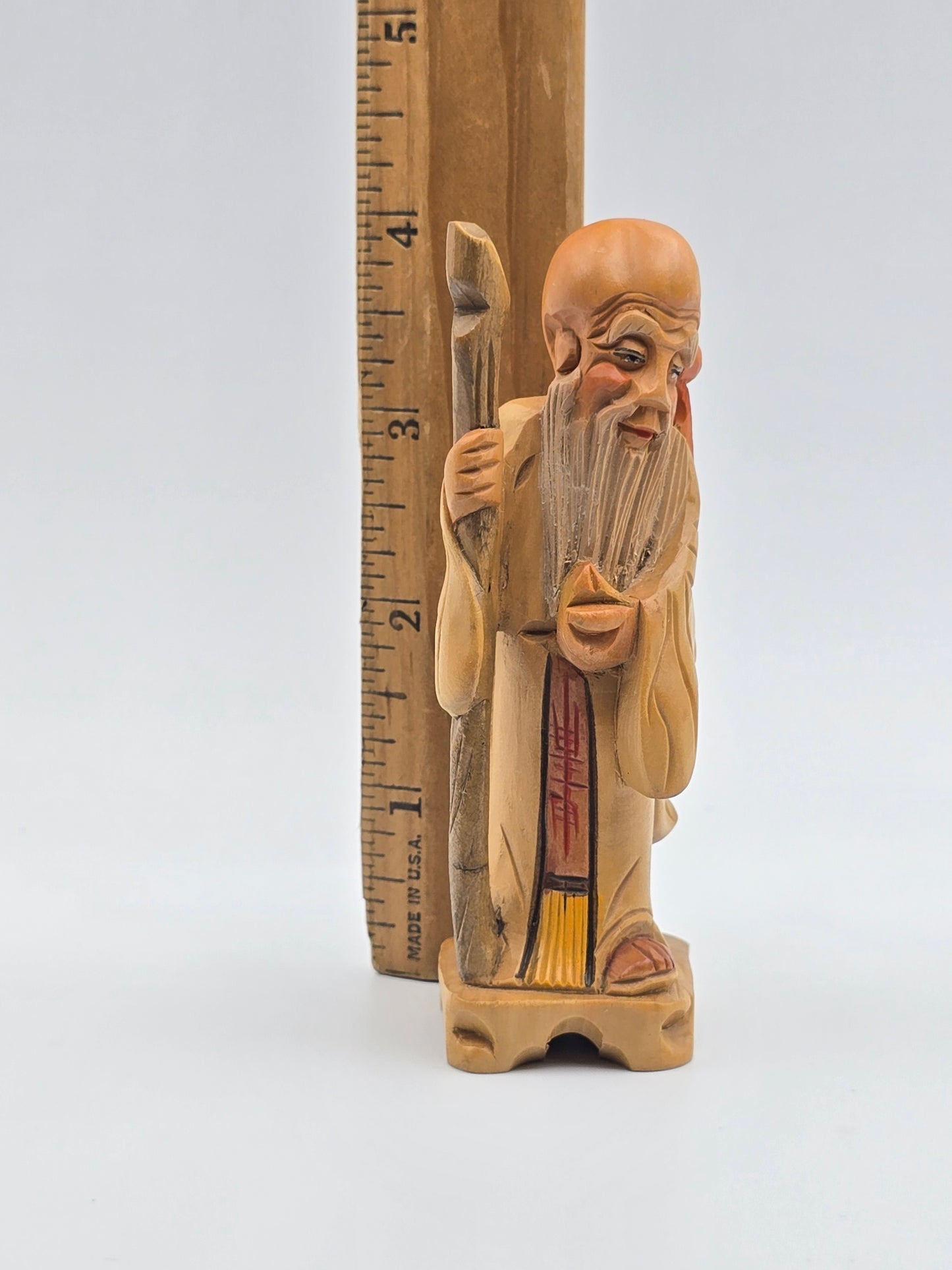 Vintage & Handmade Wise Man Chinese Wood Carving Statue / Art Wood Figurine 4"