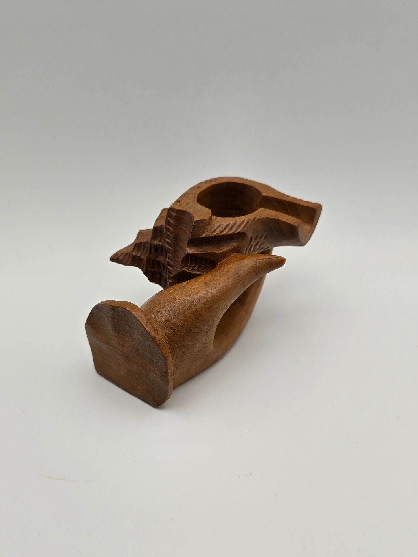 The Shell With Ashtray Design Inside Woman Hand. Beautiful Handmade Wooden Art.
