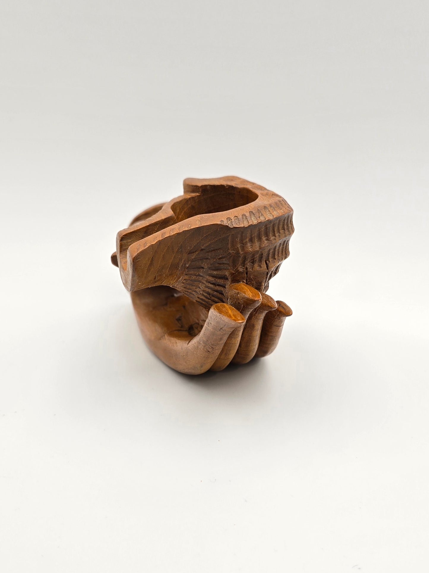 The Shell With Ashtray Design Inside Woman Hand. Beautiful Handmade Wooden Art.