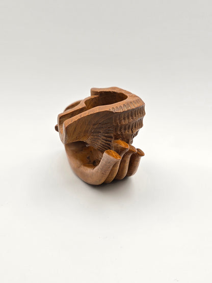 The Shell With Ashtray Design Inside Woman Hand. Beautiful Handmade Wooden Art.